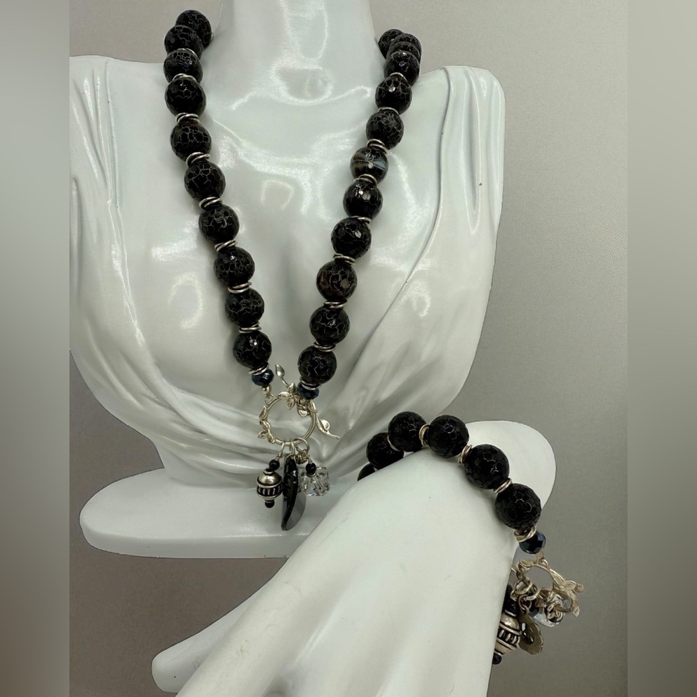 Artisan Fire Crackle Agate Necklace & Bracelet Set Black Faceted Beads & Crystal